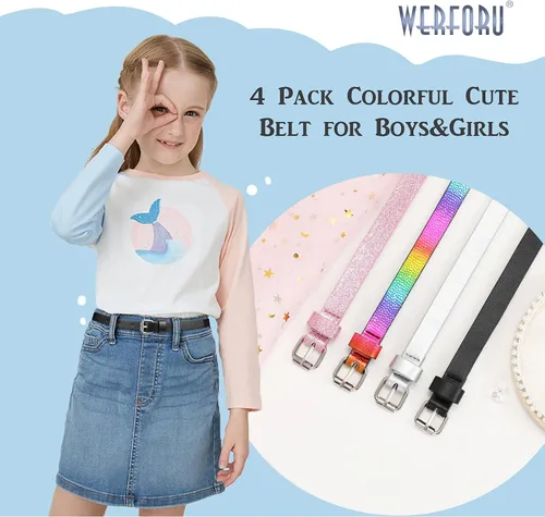 Miniatura 5 de WERFORU Cinturón ajustado de piel sintética para niñas, niños, adolescentes y niños, cinturón de cintura delgado y brillante con purpurina
