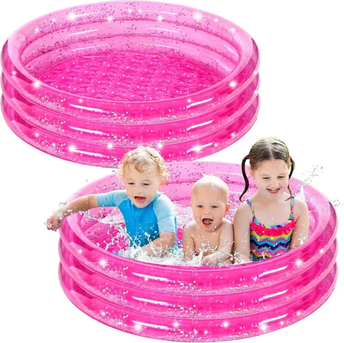 Arrowbash Paquete de 2 piscinas inflables rosas, diseño redondo de 3 anillos de 47 pulgadas con purpurina plateada y parte inferior acolchada, fácil