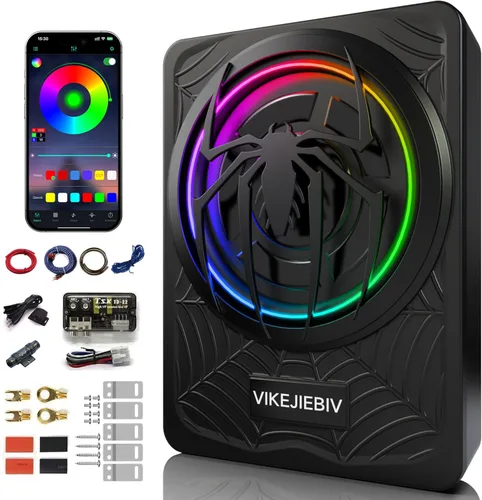 Subwoofer RGB de 1200W, Subwoofer de Coche Delgado Bajo el Asiento y Paquete de Amplificador con Luz RGB Sincronizada con el Ritmo, Control