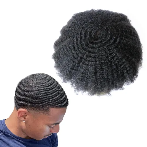 Miniatura 24 de Pelucas Afro Rizadas Toupé para Hombres Pelucas para Hombre Afroamericano Negro Unidad de Cabello Masculino Negro Rizado Afro Tejido Masculino