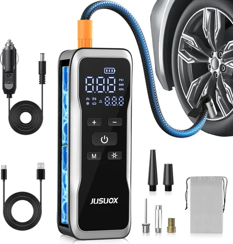 JUSUOX Inflador de neumáticos, compresor de aire portátil, bomba de aire inalámbrica para neumáticos de automóvil de 150 PSI con batería y 12 V CC,