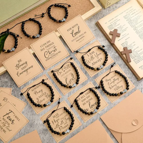 Miniatura 3 de Cunno Juego de 12 Pulseras de Cruz Cristiana al Por Mayor, Pulseras de Cuentas de Cruz Religiosa para Mujeres y Hombres, 12 Cosas de Cuentas