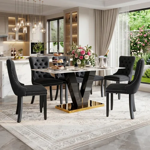 Miniatura 17 de Juego de mesa de comedor de 71 pulgadas para 6, moderno juego de mesa de comedor para 6, mesa de comedor de mármol con 6 sillas de comedor de piel