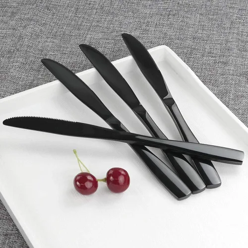 Miniatura 5 de Teyyvn 16 cuchillos de cena de acero inoxidable negros, cuchillos de mesa para cubiertos Espejo pulido, acero inoxidable de grado alimenticio