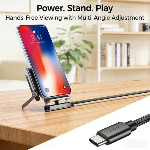 Miniatura 3 de Cable de carga rápida trenzado de 240 W con soporte para teléfono integrado, cable USB-C plegable duradero de 90 grados, cable USB C de ángulo