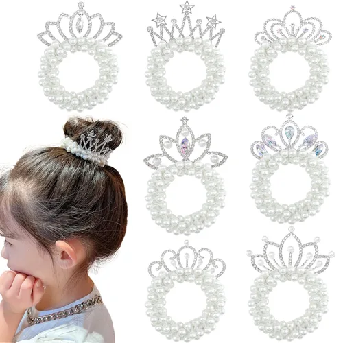 Miniatura 8 de 4 piezas de accesorios para el cabello con cuentas, cuentas de perlas blancas, coleteros elásticos para cola de caballo y lazos de cuerda de pelo
