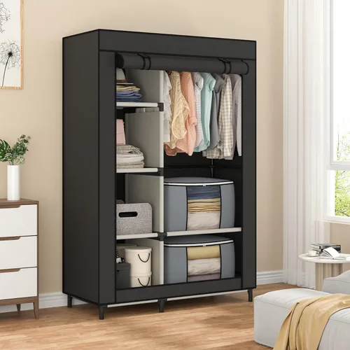Miniatura 4 de Calmootey Armario portátil, armario con 6 estantes y barra para colgar, organizador de almacenamiento para dormitorio, funda de tela no tejida con 4
