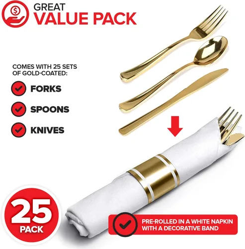 Miniatura 2 de Juego de cubiertos de plástico preenrollados para fiestas (paquete de 25), juego de cubiertos dorados, cucharas desechables, tenedores, cuchillos