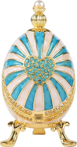 Cajas de joyería con forma de huevo de Pascua azul con bisagras con diamantes de imitación en forma de amor, esmalte de regalo para mujeres
