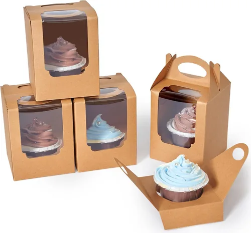 Cajas para cupcakes, 12 unidades, recipientes individuales para cupcakes marrón con inserto de ventana y asa, caja de pastelería individual soporte