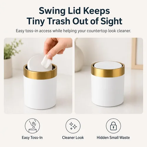 Miniatura 5 de Mini bote de basura con tapa, 1.5 litros/0.4 galones, pequeño cubo de basura de metal con tapa abatible para escritorio, cafetería, tocador, baño