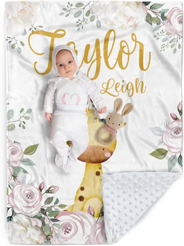 Miniatura 27 de Manta de bebé personalizada, manta de felpa suave con respaldo de puntos de doble capa para niños y niñas, nombre personalizado con diseño de animal