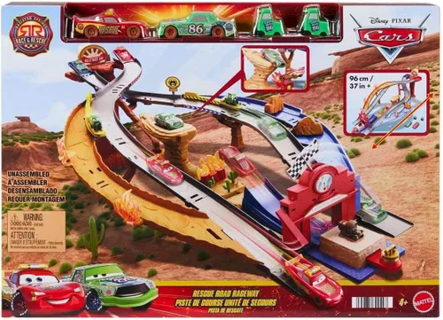 Miniatura 7 de Mattel Disney y Pixar Cars Set de Juguetes, Rayo McQueen y Chick Hicks y 2 Vehículos del Equipo de Pobretones, 2 Maneras de Carrera, Pista