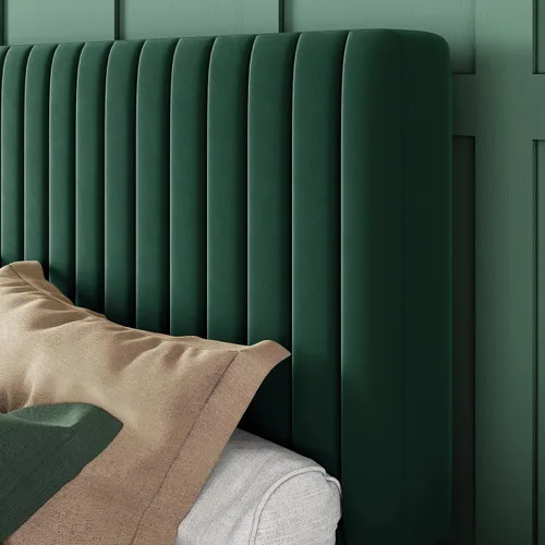 Miniatura 4 de Allewie - Base de cama tamaño Queen con cabecera acolchada tapizada en terciopelo y diseño acanalado vertical ajustable; plataforma de cama con base