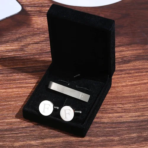 Miniatura 23 de LOYALLOOK - Gemelos de acero inoxidable grabados con inicial y clip de corbata, diseño de letras del alfabeto con caja de regalo, A-Z
