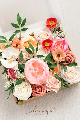 Miniatura 6 de Ling's moment Caja de Flores Falsas, Tallos de Follaje Artificial Falso, Rosas de Espuma, Peonías de Seda, Orquídea, Amapola, Flores de Tela