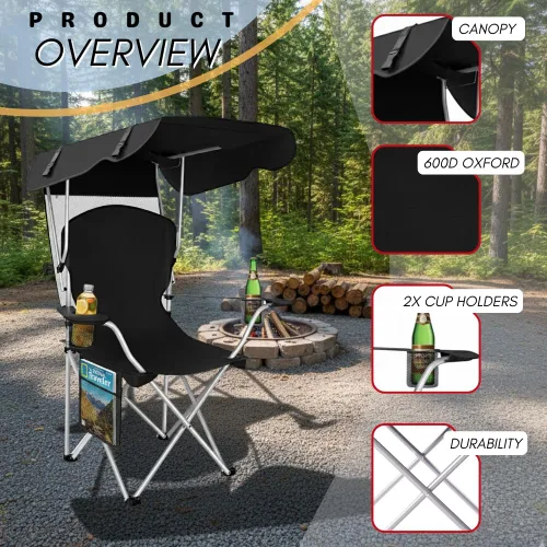 Miniatura 7 de Sillas de camping plegables portátiles con toldo, silla de playa para adultos, resistente a la intemperie de 600D Oxford Cloth, silla de camping