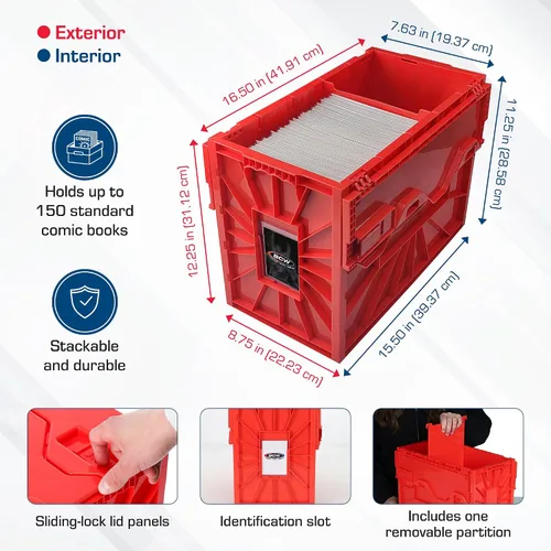 Miniatura 5 de BCW Recipiente corto para cómics Capacidad para 150 cómics Almacenamiento de plástico apilable Organizador sin ácido Rojo, paquete de 2