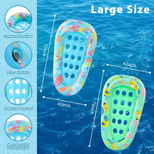 Miniatura 5 de Paquete de 2 flotadores de piscina para adultos, 72 x 42 pulgadas, tamaño ultra con reposacabezas, agujeros de enfriamiento, tapetes gigantes