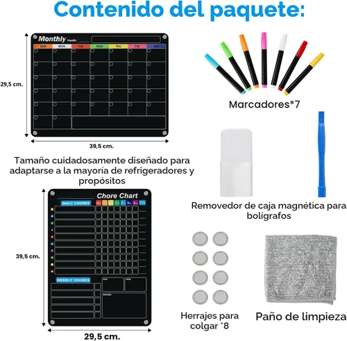 Miniatura 4 de Calendario acrílico magnético negro de borrado en seco para refrigerador, mensual y semanal/tabla de planificación de tareas para niños, adultos