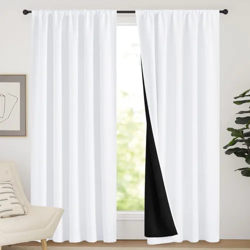Miniatura 73 de NICETOWN Cortinas blancas 100% opacas, 2 capas gruesas completamente opacas con bolsillo para barra, cortinas aislantes térmicas para Blanco puro