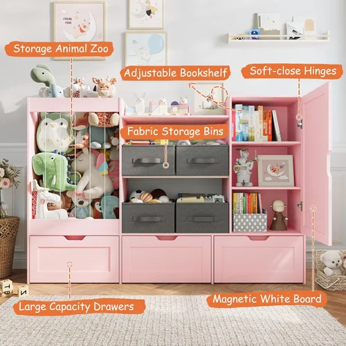Miniatura 3 de Organizador de almacenamiento de juguetes para niños de 61 pulgadas de ancho con almacenamiento de animales de peluche, 3 cajones de almacenamiento