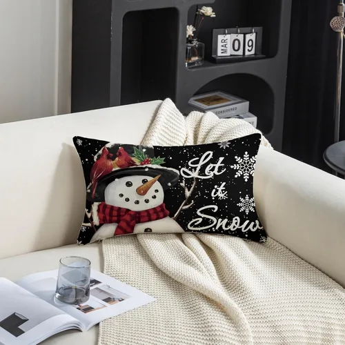 Miniatura 5 de TAJWE Fundas de almohada navideñas de 12x20, juego de 2, deja caer la nieve, muñeco de nieve, árboles de Navidad, fundas de cojín lumbares negras