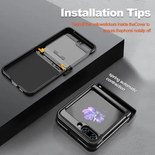 Miniatura 6 de Funda para Samsung Galaxy Z Flip 5 5G con protección de bisagra, cubierta de cámara deslizante resistente militar para caídas, soporte magnético