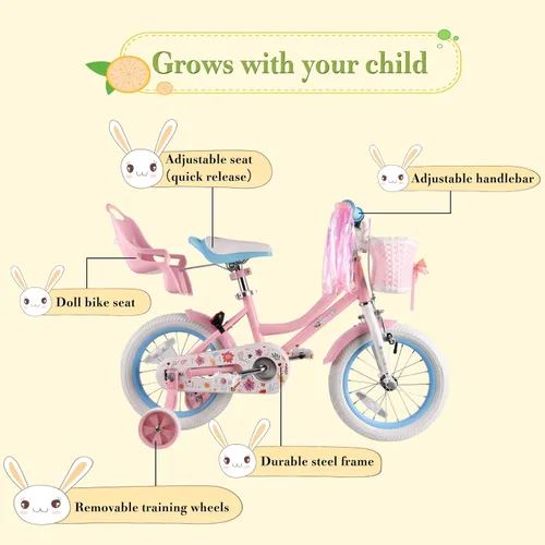 Miniatura 2 de RULLY 12 14 16 Inch Girls Bike for 2-7 Year Olds, Daisy Kids Bicycle with Training Wheels, Basket & Doll Seat, Retro Toddler Bike with Coaster