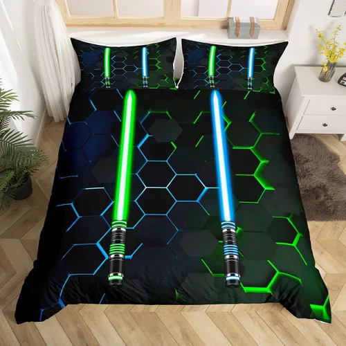 Miniatura 27 de Juego de funda de edredón para niños con diseño de gato lindo, tamaño individual, juego de ropa de cama con hojas de flores, luna, noche y cielo