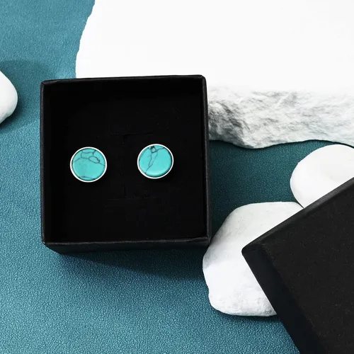 Miniatura 6 de Tibetan Turquoise Earrings 925 Sterling Silver Post Stud Boho Gemstone Hypoallergenic Handmade Earrings for Women Trendy Fashion