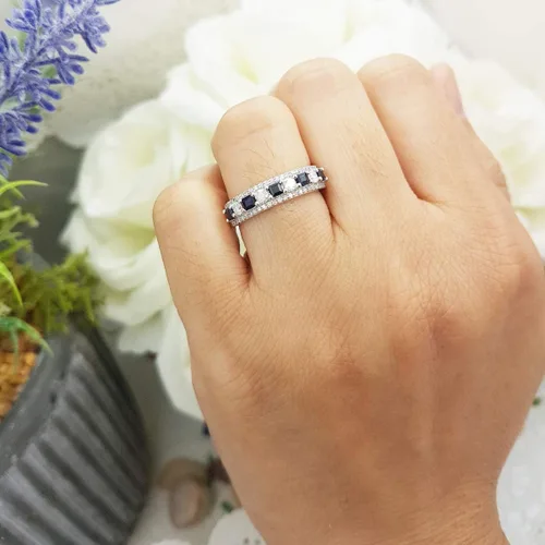 Miniatura 25 de Dazzlingrock Collection Anillo de boda de 9 piedras de zafiro azul princesa y diamante blanco redondo de 0.098 in cada uno en oro de 14 quilates