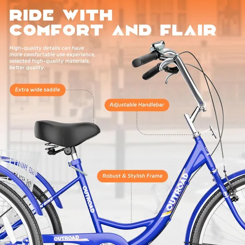 Miniatura 4 de Max4out Triciclo para adultos con cesta grande de 24/26 pulgadas, bicicleta de crucero estable de 3 ruedas para compras, triciclo de playa y ciudad
