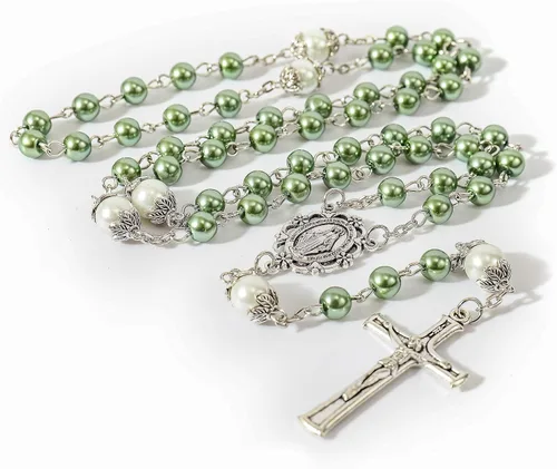 Miniatura 7 de Nazareth Store - Collar de cuentas de perlas rosario blanco Padre Nuestro con medalla de Lourdes y crucifijo de cruz devoción espiritual