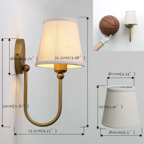 Miniatura 5 de Pathson Antique Linen Fabric Wall Sconces Set of 2, Hardwired Curved Arm Bathroom Vanity Light, Indoor Wall Decor Lamp for Living Room, Kitchen