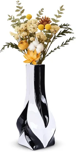 Miniatura 10 de Jarrón de cerámica verde y dorado de 10.6 pulgadas, moderno jarrón de flores geométrico para centro de mesa de comedor, elegante jarrón decorativo
