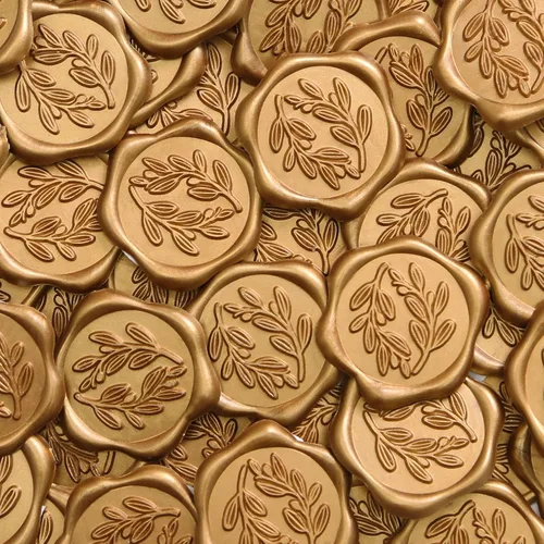 UNIQOOO Pegatinas de sello de cera - Sellos de sobre para invitación de boda de rama de olivo, 100 piezas de pegatinas autoadhesivas de oro antiguo,