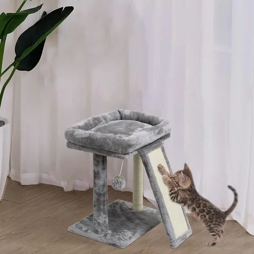Miniatura 7 de SYANDLVY Árbol pequeño para gatos con poste rascador, tabla rascador para gatos con perca, rascador de poste para gatos de interior, 2 bolas Beige
