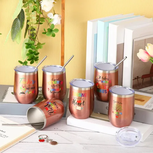 Miniatura 7 de Nuanchu Juego de 12 vasos de vino de acero inoxidable con tapas y popotes, regalos de agradecimiento para profesores, regalos de Navidad, 12 onzas