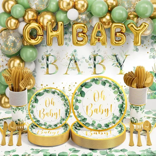 Decoraciones de baby shower para niñas y niños, 247 piezas (25 invitados), suministros de fiesta boho con plato de papel, servilleta, vaso,