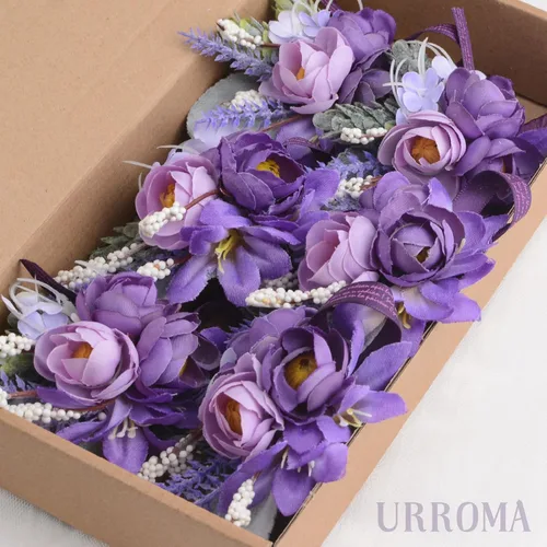 Miniatura 4 de 6 piezas de flores artificiales para boda, ramillete de simulación de rosas pequeñas moradas, accesorios de flores artificiales para novia, novio