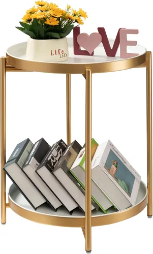 Miniatura 12 de TeoKJ Mesa auxiliar dorada de 2 niveles, mesa auxiliar redonda plegable de metal, mesita de noche pequeña con dos bandejas extraíbles