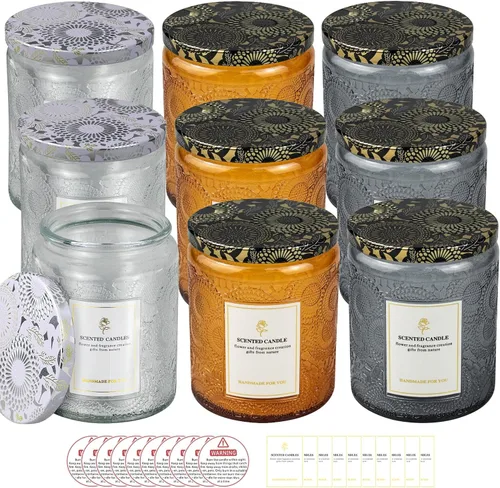 Paquete de 9 tarros de velas en relieve de 8.8 onzas para hacer velas, recipientes de vidrio vacíos con tapas de lata y etiqueta adhesiva, etiqueta