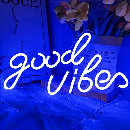 Good Vibes - Letrero de neón LED para decoración de pared, luces de neón azules para dormitorio y fiesta, luz de neón brillante alimentada por USB