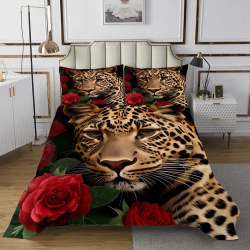 Miniatura 2 de Erosebridal Juego de ropa de cama con diseño de rosas rojas y leopardo, animales salvajes africanos acolchados, para jóvenes damas, románticas