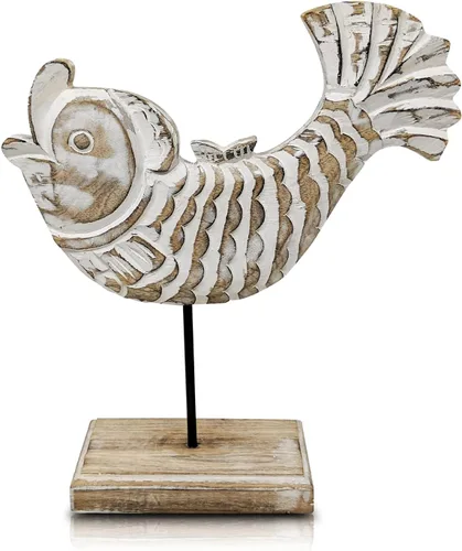 Miniatura 11 de Beau - Estatua de pescado de mantequilla en base Escultura de pescado de madera hecha a mano para casa náutica de playa, centro de mesa rústico