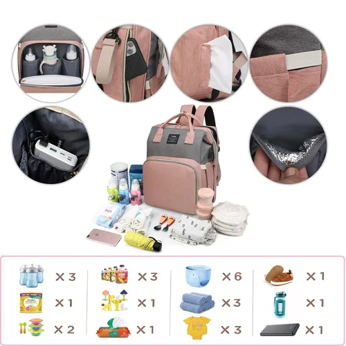 Miniatura 4 de Bolsa de pañales con cambiador, mochila para pañales, bolsa de pañales de viaje 7 en 1, bolsa para mamá con puerto de carga USB (rosa-gris)