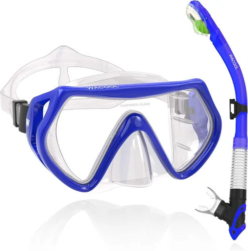 WACOOL Paquete de snorkel para adultos, máscara de buceo de vidrio recubierto antivaho con pieza de boca de silicona, válvula de purga y protector