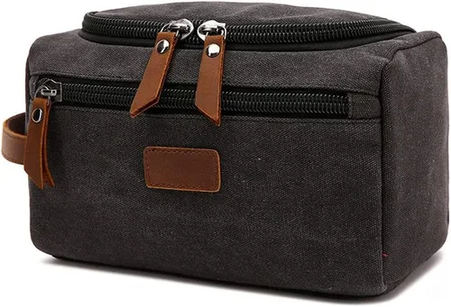 Neceser de viaje de lona de cuero para cosméticos, organizador de maquillaje, bolsa de cosméticos (color negro)