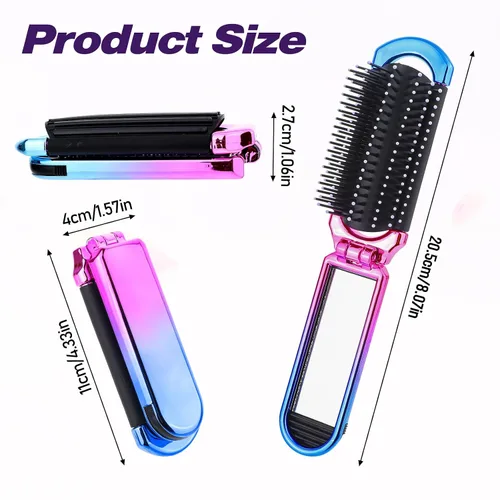Miniatura 4 de Mini cepillo de pelo de viaje, pequeño cepillo plegable compacto con espejo y punta redonda cerdas de nailon para mujeres y hombres, peine portátil